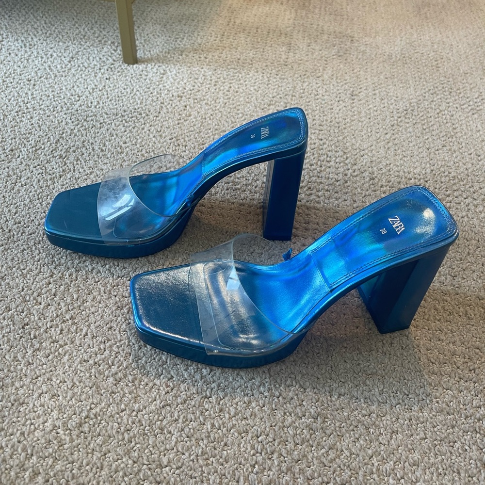 Zara High Heeled Vinyl Sandals Metallic Blue - Picture 6 of 6